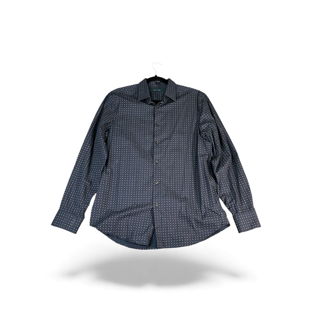Perry Ellis Men Navy Geometric Print Button Down Long Sleeve Shirt Size Medium